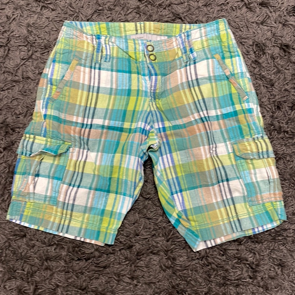 Old Navy Green & Blue Plaid Mid-Rise Cargo Bermuda Shorts
